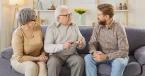 A family having a heart-to-heart conversation.